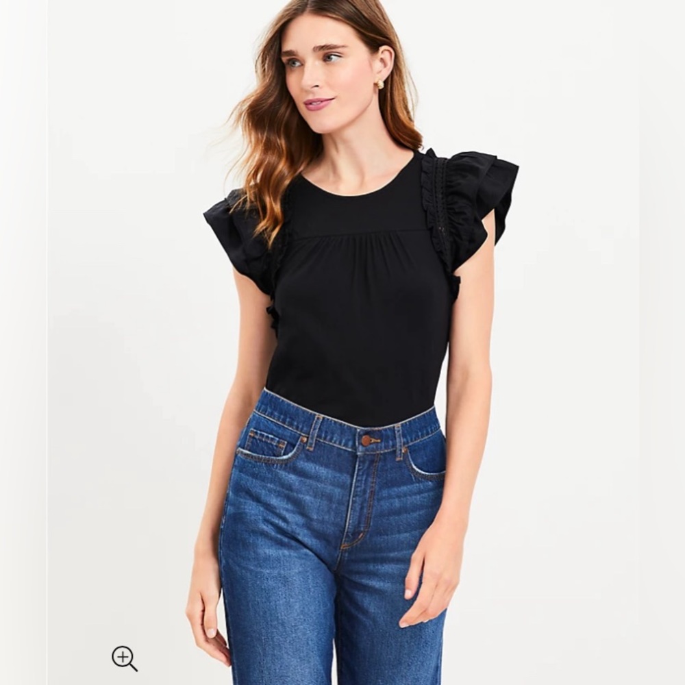 LOFT NWT Tiered Ruffle Mixed Media Top - Black